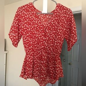 Short Sleeve Red Floral Blouse
